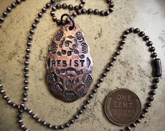 RESIST Hammered Copper necklace ~ 18" Necklace ~ men or women ~ talisman rustic ball chain protest