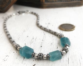 Aqua blue fluorite  ~ Frosted matte gemstone choker necklace ~ 15 inch/38 cm ~ .925 Bali sterling silver ~ bohemian style ~ Artsfish Studio