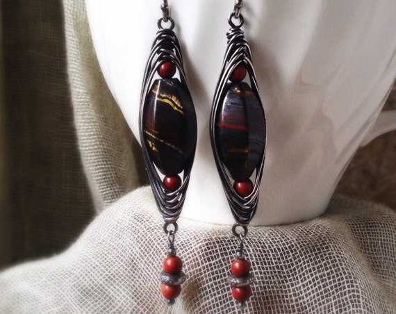 Bohemian earrings ~ tiger iron tigereye red agate antiqued silver rustic wire wrapped tribal boho handcrafted dangle Artsfish Studio