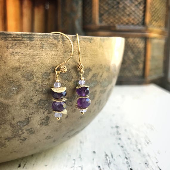 Amethyst & tanzanite earrings ~  deep purple amethyst gemstones, lavender tanzanite~ 24k vermeil ~ heirloom quality