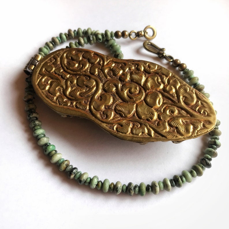 Turquoise and raw brass Tibetan metalwork pendant agate cabochon necklace ~ unique ~ 18