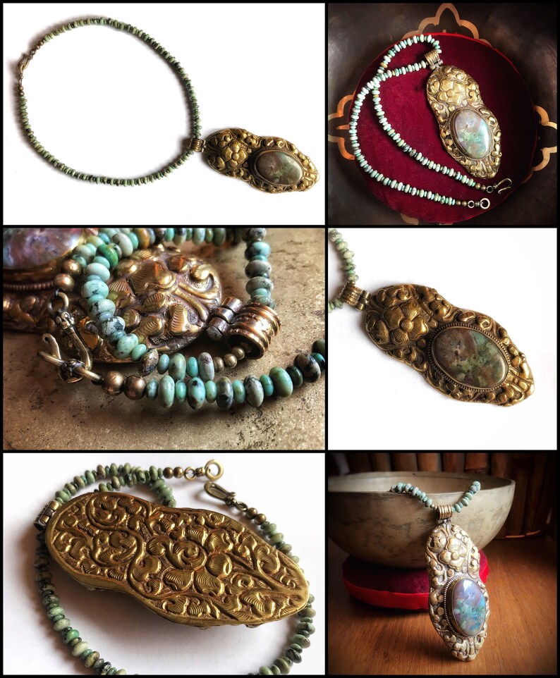 Turquoise and raw brass Tibetan metalwork pendant agate cabochon necklace ~ unique ~ 18