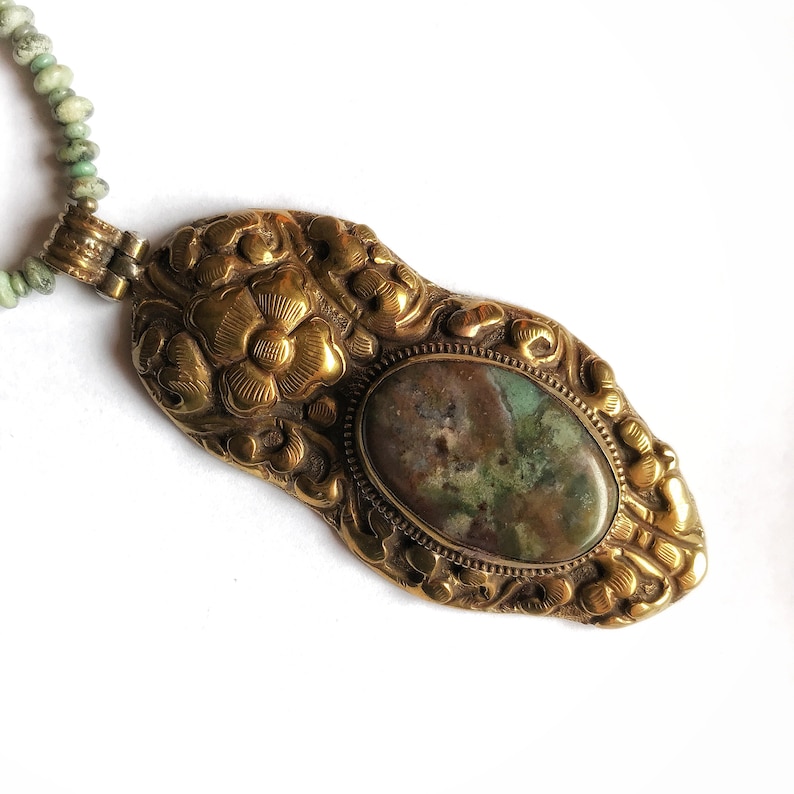 Turquoise and raw brass Tibetan metalwork pendant agate cabochon necklace ~ unique ~ 18