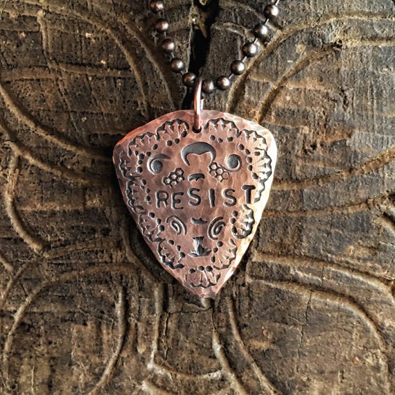 Guitar Pick RESIST Hammered Copper ~ Pendant only or Complete Necklace ~ men or women ~ talisman rustic ball chain protest