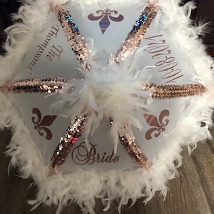 New Orleans Secondline Wedding Umbrella, Rose Gold Bride, Feather Trim