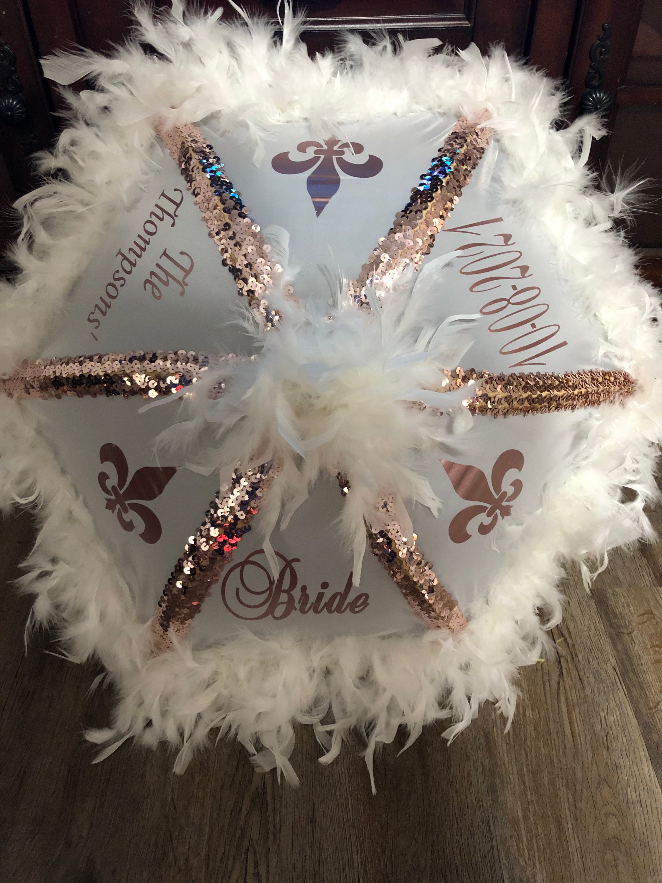 New Orleans Secondline Wedding Umbrella, Rose Gold Bride, Feather Trim