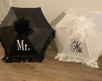 Second Line Umbrella, Bride and Groom Authentic New Orleans Traditional Second line Wedding Umbrella,  Mr. And Mrs. Six panel medium