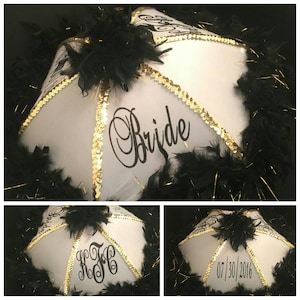 Authentic New Orleans Traditional Second line umbrella, Mardi Gras, Wedding Second line Umbrella, Black, White and Gold (Bride Secondline)