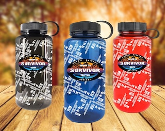 Survivor Themed Custom Water Bottle Full Wrap Wide Mouth 32oz, Personalized icon! Twist / screw lid, Reusable water bottle