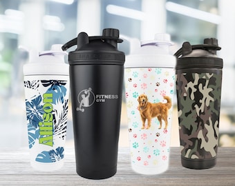 Custom 24oz Double Wall Insulated Stainless Steel Protein Sport Shaker Bottle 24 oz, Full Color Print Personalized Logo Mixing Gym Cup