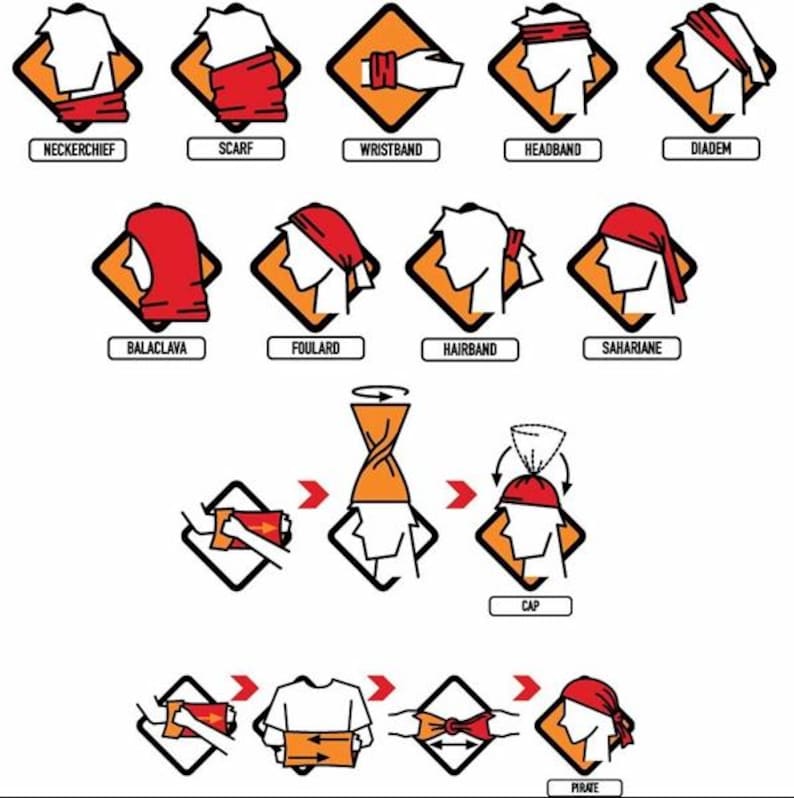 K&ouml;nnte beinhalten: Diagramm, das verschiedene M&ouml;glichkeiten zum Tragen eines multifunktionalen Kopfbedeckungsartikels zeigt. Das Bild zeigt den Artikel als Halstuch, Schal, Stirnband, Armband, Sturmhaube und mehr. Jeder Stil ist mit einem beschreibenden Begriff versehen.