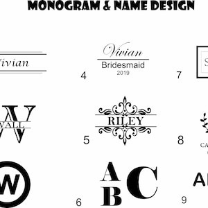 May include: Nine different monogram and name design options. The designs feature various fonts, styles, and layouts. Some designs include a decorative flourish, a wreath, or a frame. The designs are perfect for personalising gifts, home decor, or stationery.