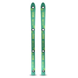 May include: A pair of teal skis featuring a repeating pattern of light green palm leaves. Each ski displays the text 1800 and Taste of Summer in yellow lettering, along with three circular black cutouts positioned vertically along the center.