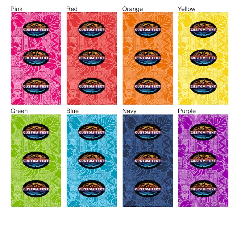 K&ouml;nnte beinhalten: Eine Sammlung rechteckiger Stoffartikel in verschiedenen Farben: Pink, Rot, Orange, Gelb, Gr&uuml;n, Blau, Marine und Lila. Jedes hat ein sich wiederholendes Blumenmuster und drei Ovale mit dem Text "CUSTOM TEXT".