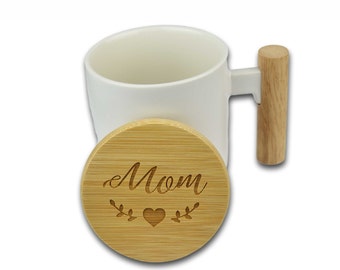 Personalized Ceramic Mug with Bamboo Lid 12 oz, Custom coffee mug with wood handle, monogram cozy tea mug, Valentine's Day Gift