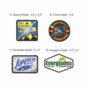 May include: Four different embroidered patches with various shapes and designs. The patches are 2.5 inches by 2.5 inches, 2.5 inches in diameter, 3 inches by 2 inches, and 3.5 inches by 2 inches. The patches feature designs such as a ski patrol logo, a space shuttle, a car, and a palm tree.