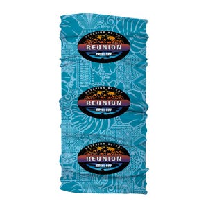 May include: A turquoise neck gaiter with a repeating pattern of white floral and geometric designs. Three ovals with the text "OUTDRINK OUTE REUNION GRILL OFF" are printed on the gaiter. The gaiter is a versatile accessory.