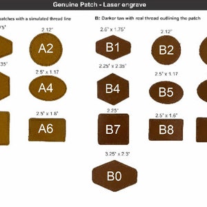 May include: Ten leather patches in various shapes and sizes, including oval, square, rectangle, and hexagon. The patches are labelled A1 through A6 and B1 through B9. The patches are made of a light tan leather with a simulated thread line and a darker tan leather with real thread outlining the patch.