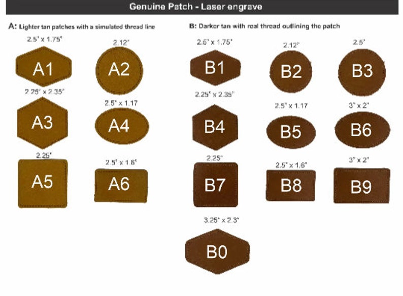 May include: Ten leather patches in various shapes and sizes, including oval, square, rectangle, and hexagon. The patches are labelled A1 through A6 and B1 through B9. The patches are made of a light tan leather with a simulated thread line and a darker tan leather with real thread outlining the patch.