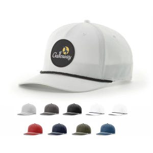 May include: White Galloway baseball cap with a black rope detail and a circular patch. The patch features the word "Galloway" in white script and a yellow and black graphic. Additional caps in various colors are displayed below.