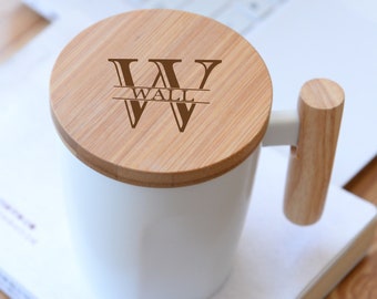 Personalized Ceramic Mug with Bamboo Lid 12 oz, Custom coffee mug with wood handle, monogram cozy tea mug, Valentine&#39;s Day Gift