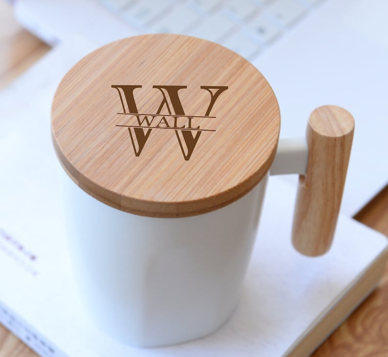 Personalized Ceramic Mug With Bamboo Lid 12 Oz Custom Coffee Etsy