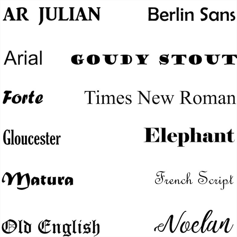 May include: A collection of different font styles, including AR Julian, Berlin Sans, Arial, Goudy Stout, Forte, Times New Roman, Gloucester, Elephant, Matura, French Script, Old English, and Noelan.
