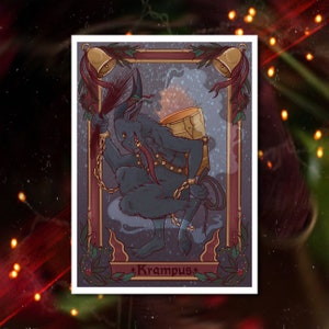 Krampus Illustrated Postcard | Dark Christmas Folklore Card | Gothic Holiday Stationery | Pagan Witchy Holiday Art | Dark Winter Aesthetic