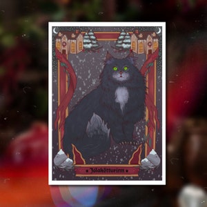 Jólakötturinn Illustrated Postcard | Icelandic Yule Cat Folklore Art | Spooky Winter Holiday Card | Dark Pagan Winter Aesthetic