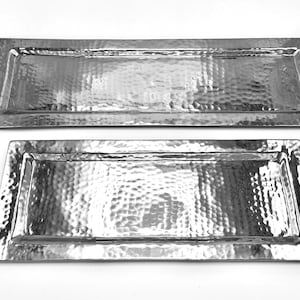 Long Rectangle Serving Tray, Handmade Hammered Stainless Steel, Silver, Raised Sides Edges, Multiple Sizes, Large