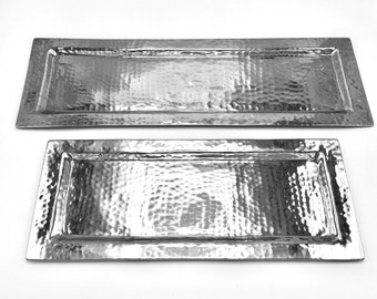 Long Rectangle Serving Tray, Handmade Hammered Stainless Steel, Silver, Raised Sides Edges, Multiple Sizes, Large