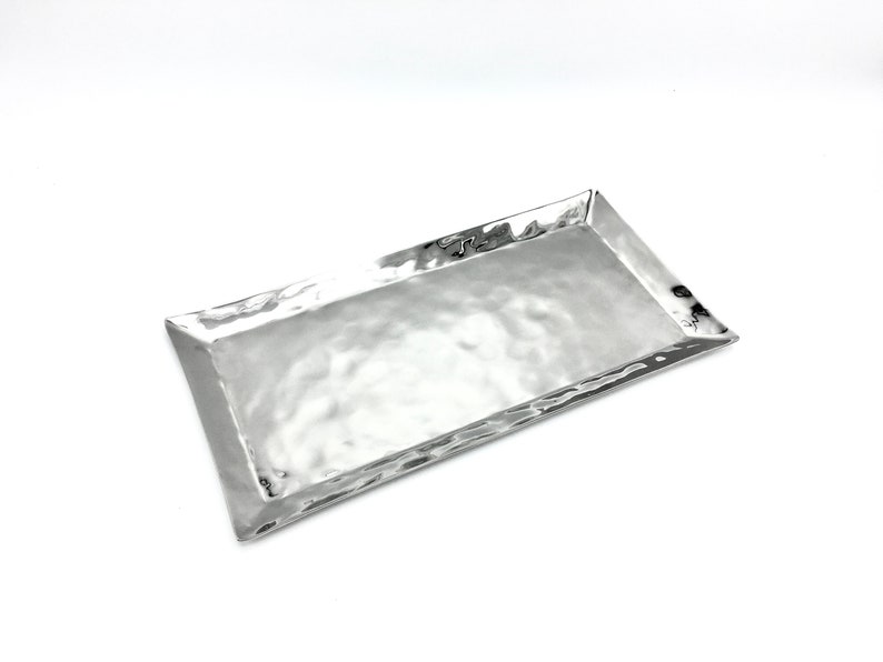 Long Rectangle Serving Tray, Handmade Hammered Stainless Steel, Silver