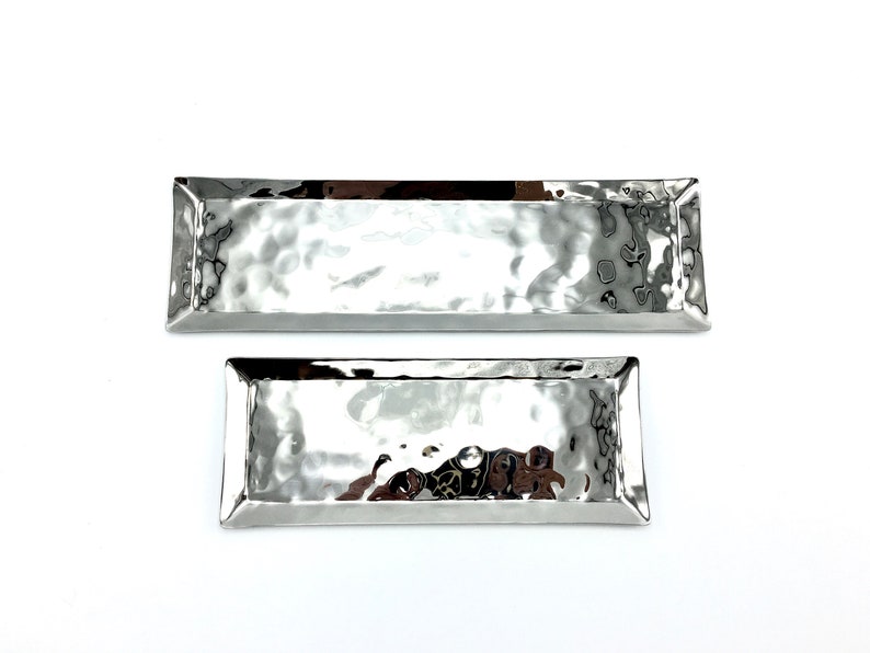 Long Rectangle Serving Tray, Handmade Hammered Stainless Steel, Silver