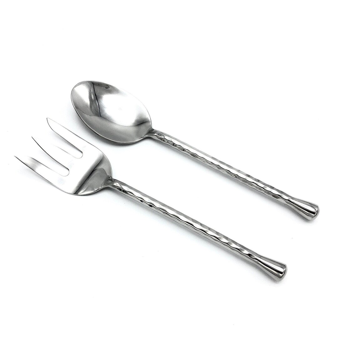 Stainless Steel Salad Serving Set, Handmade Hammered, Silver, Salad