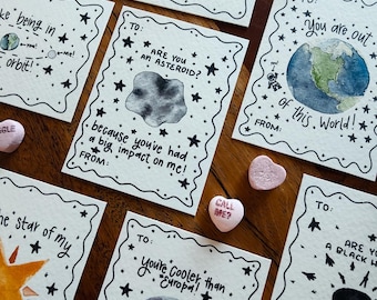 Nine Space Themed Watercolor and Doodle Printable Valentine Cards for Kids and Adults