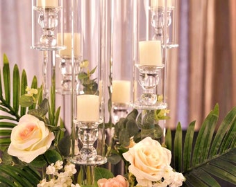 Crystal Glass Candelabra 7 Arm / Pillar Candle Holders with Hurricane Glass Tubes / Tall Crystal Clear Table Wedding Centerpiece Decor Event