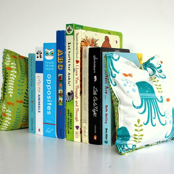 Under the Sea Nursery & Kid's Bookends, Child Safe Fabric Bookends, Reversible- Colorful Nursery and Children's Decor, Bean Bag Bookends