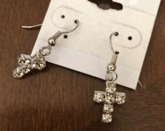 CRYSTAL CROSS EARRINGS  ~ Silver Plated ~ Made in Texas!  ~  Fast Shipping!