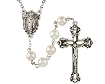 Large 2-Tone GLASS PEARL ROSARY with Miraculous Medal Centerpiece & 8mm Beads  ~  Fast Shipping!