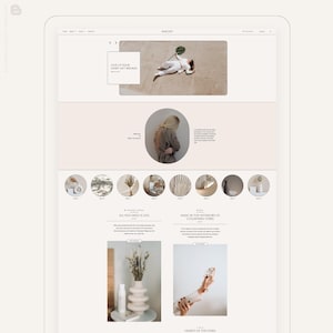 Op de afbeelding: Een website-ontwerp weergegeven op een tablet, met een neutraal kleurenpalet met afbeeldingen van woondecoratie en tekst. De website bevat de tekst "GIVE UP YOUR HEART LEFT BROKEN" en "ALL YOU NEED IS LESS".