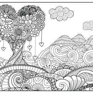 May include: A black and white line drawing of a heart-shaped tree with flowers and leaves. The tree is surrounded by mountains and clouds, all drawn in a detailed, intricate style. This image is perfect for coloring or using as a template for a craft project.