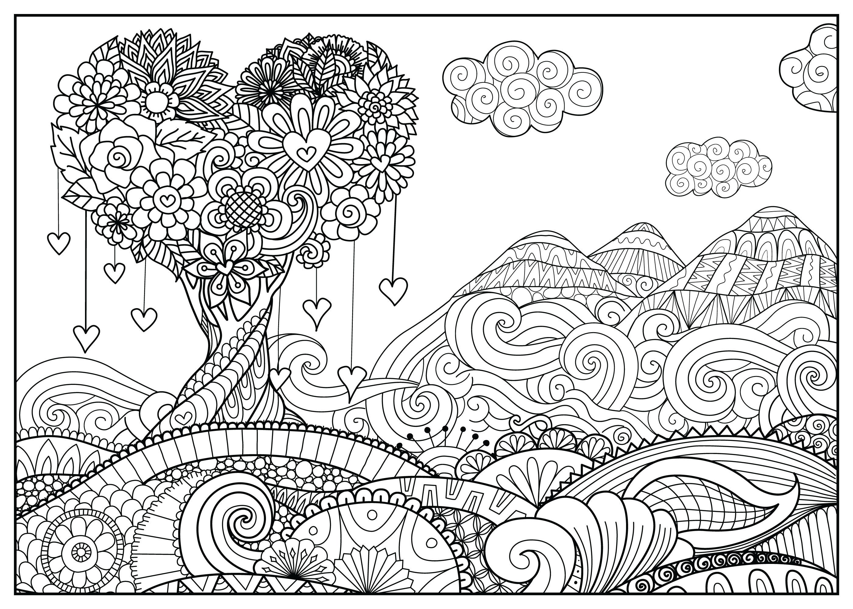 Valentine Zentangle Coloring Poster: Heart Tree Landscape (alcohol