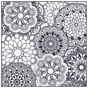 May include: Black and white intricate mandala design with floral patterns. The design features multiple overlapping circles with detailed patterns and swirls.