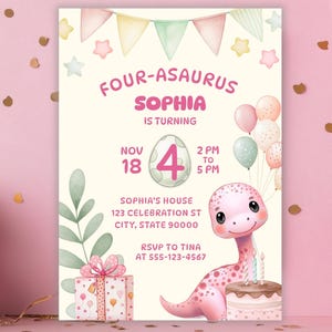 Girl Dinosaur Birthday Invitation, Four-Asaurus 4th Birthday Invite, Pink Dino Party Printable, Canva Template (Digital Download)