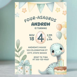 Four-Asaurus Dinosaur Birthday Invitation, Editable 4th Birthday Invite, Dino Party Printable, Customizable Canva Template, Digital Download