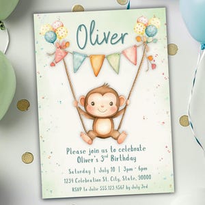 May include: A birthday invitation featuring a watercolor illustration of a monkey swinging on a rope. The invitation has the name "Oliver" at the top, with colorful balloons and a banner. The invitation includes party details.