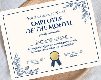 Editable Employee of the Month Certificate Template, Workplace Recognition, Customizable & Printable, Modern Blue Award (Digital Download)