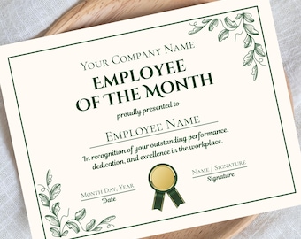 Editable Employee of the Month Certificate Template, Workplace Recognition, Customizable & Printable, Modern Green Award (Digital Download)