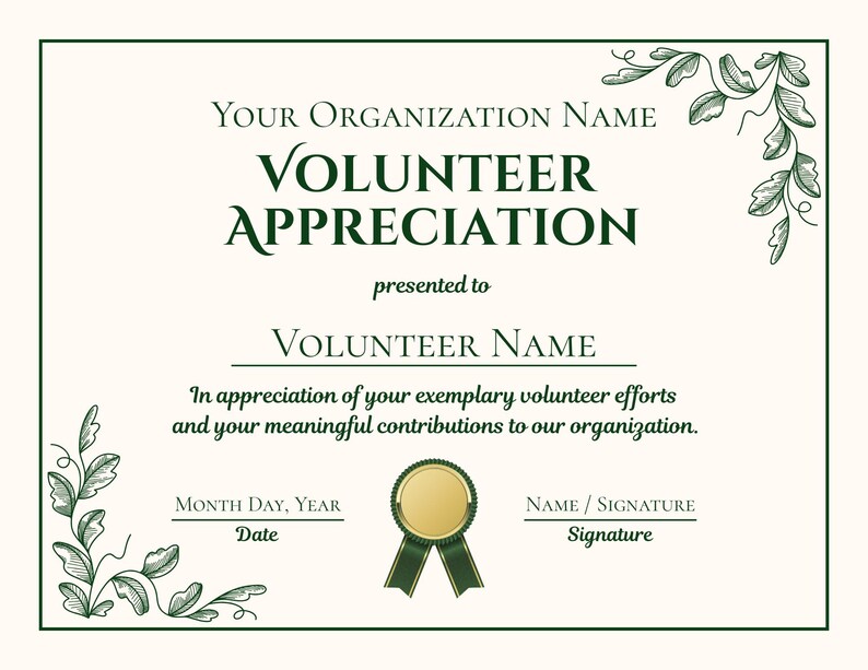 Volunteer Appreciation Certificate Award, Editable Canva Template, Volunteer Recognition Printable Organization Award (Digital Download) image 2