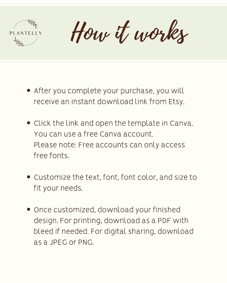 May include: A light green background with the text "How it works" in brown script. The image explains the process of downloading a template from Etsy, opening it in Canva, customizing it, and downloading the finished design as a PDF, JPEG, or PNG.